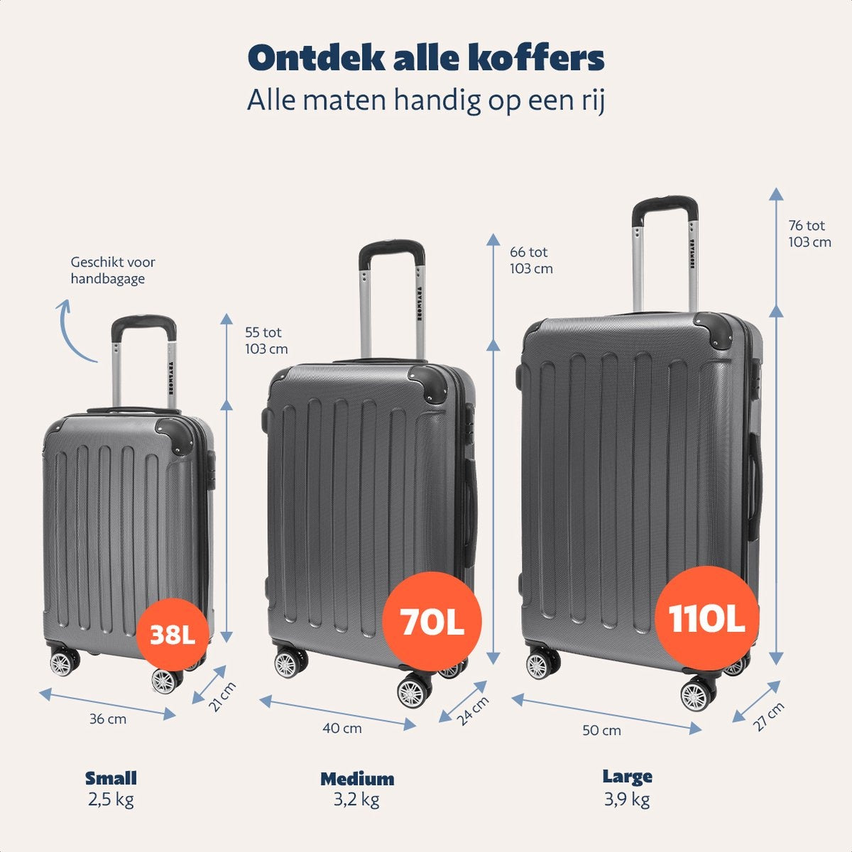 Set de valises TRVLMORE - 3 pièces - 38L + 70L + 110L - Gris foncé