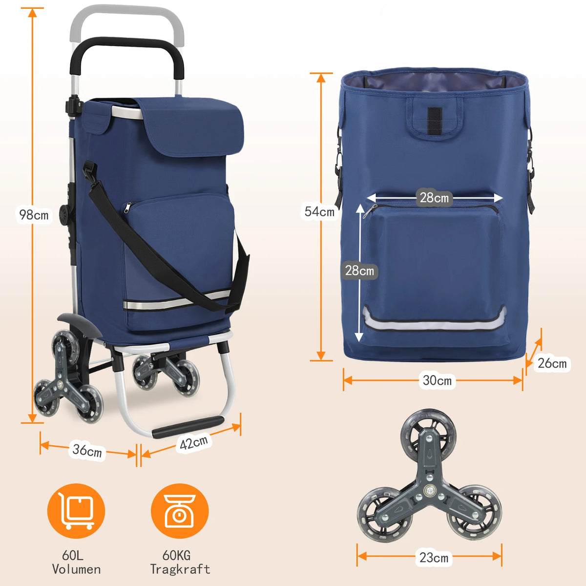 Chariot de courses pliable « Traploper » 60 L - 3-en-1 avec compartiment réfrigérant et 6 roues - Structure en aluminium - Bleu - 36 x 42 x 98 cm