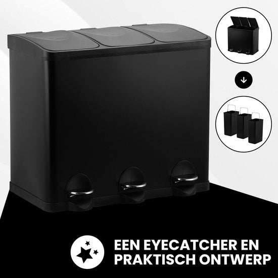 Bayt Poubelle - Poubelle 60 litres - Poubelle 60 litres - Poubelle à pédale 60 litres - Poubelle 3 compartiments - Poubelle tri sélectif - 3x 20 litres - inox - Noir