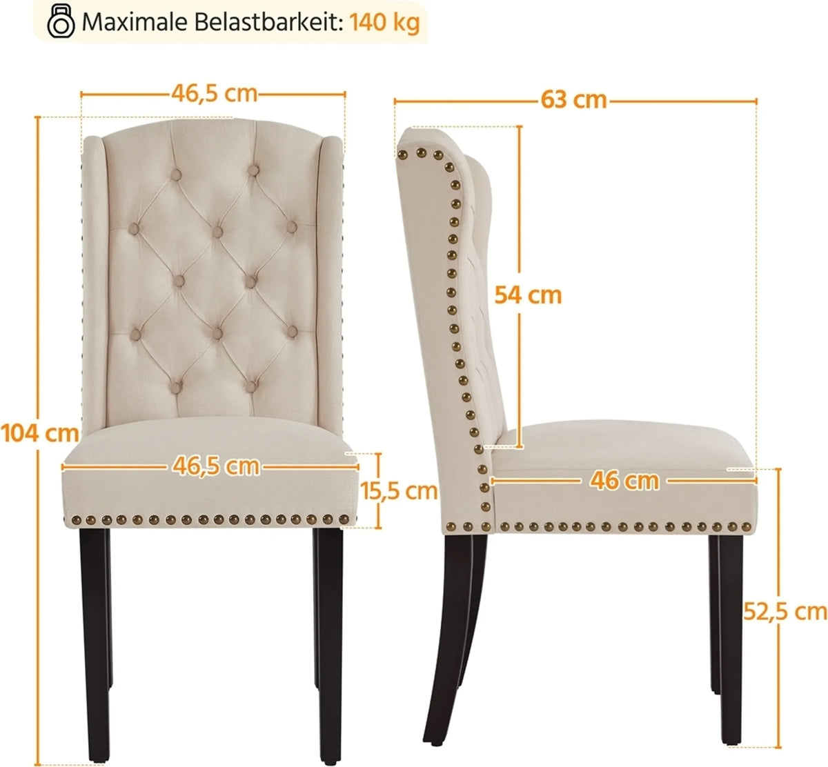 Lot de 2 chaises de salle à manger vintage rembourrées, avec pieds en bois et clous décoratifs, couleur beige