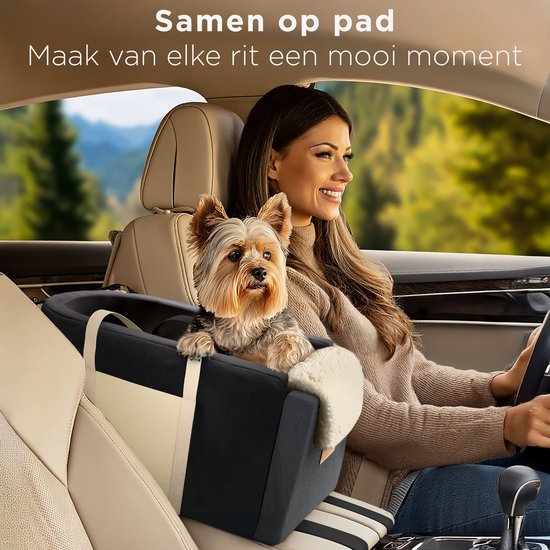 CozySense® Siège auto pour chien - Panier auto pour chien avec housse lavable - Pour petit chien - S'adapte à la console centrale - Sert également de sac de transport - Noir/Beige