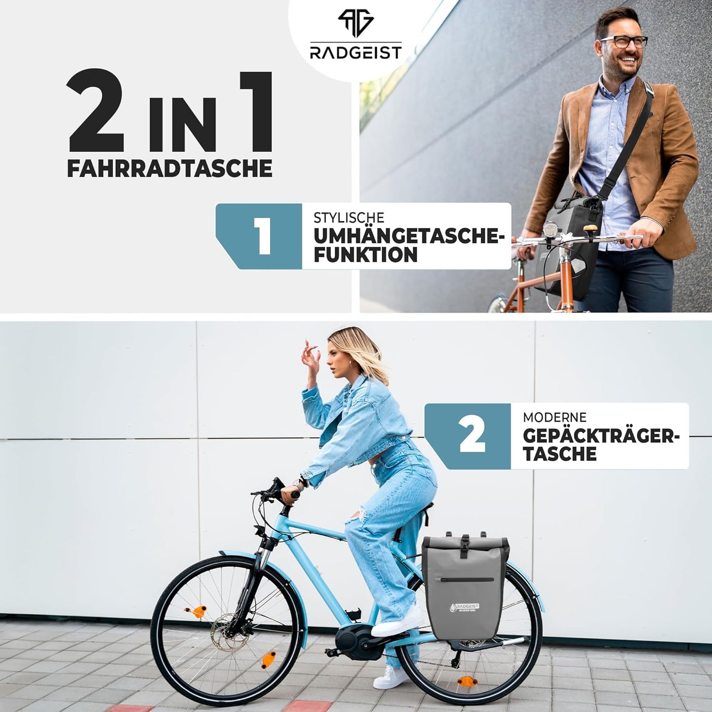 RADGEIST sacoche de vélo pour porte-bagages - sacoche de vélo pour porte-bagages - sacoche de vélo étanche et sac à bandoulière - sacoche de vélo avec réflecteurs