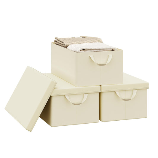 Boîte de rangement WOLTU - Couvercle - Pliable - Poignées - Lot de 3 - 48 x 29 x 20 cm - Crème