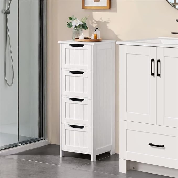 Armoire de salle de bains Yaheetech 30 x 30 x 82 cm - Blanche - Armoire de rangement sur pied à 4 tiroirs