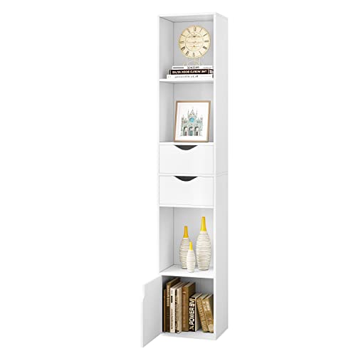 Woltu Bookcase SK028ws Modern - Armoire verticale en bois avec 3 compartiments ouverts, 2 tiroirs et 1 placard - Blanc - 30 x 24 x 158 cm