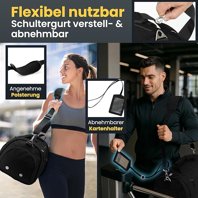 Herowerk Sac de sport avec compartiment à chaussures et compartiment humide, sac d'entraînement pour femmes et hommes, idéal comme sac de voyage, sac de fitness, sac d'entraînement ou sac de sport, noir, Sac de sport avec bandoulière