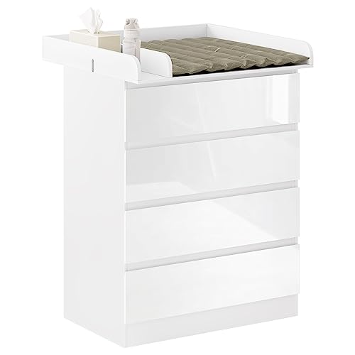 Commode Woltu avec matelas à langer amovible et 4 tiroirs - Blanc brillant - Hauteur 110 cm