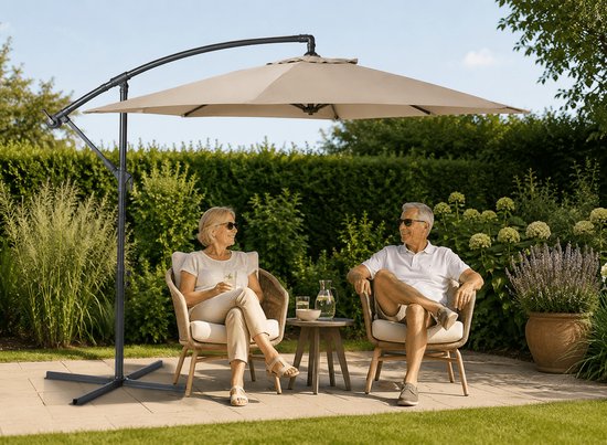 Nexxt Banana Parasol 3 mètres - Parasol à pied central avec housse et pied en croix en acier - Taupe