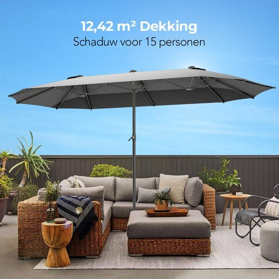 LifeGoods Parasol double - 270x460cm - jusqu'à 15 personnes - imperméable - avec housse - Gris foncé