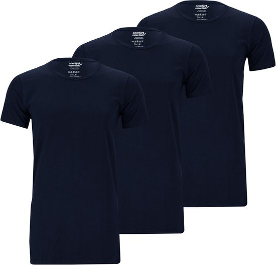 Comfort Essentials - T-shirts pour homme - Extra longs - Bleu marine L - Lot de 3 - Col rond - Sous-vêtements pour homme