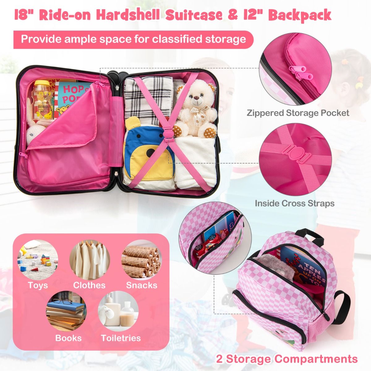 Ensemble valise et sac à dos pour enfant Coast - Conception 4 en 1 - Fonction siège - Rose