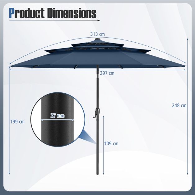Parasol Coast avec LED solaire - Parasol de terrasse 3 couches Ø313 x 248 cm - Bleu foncé