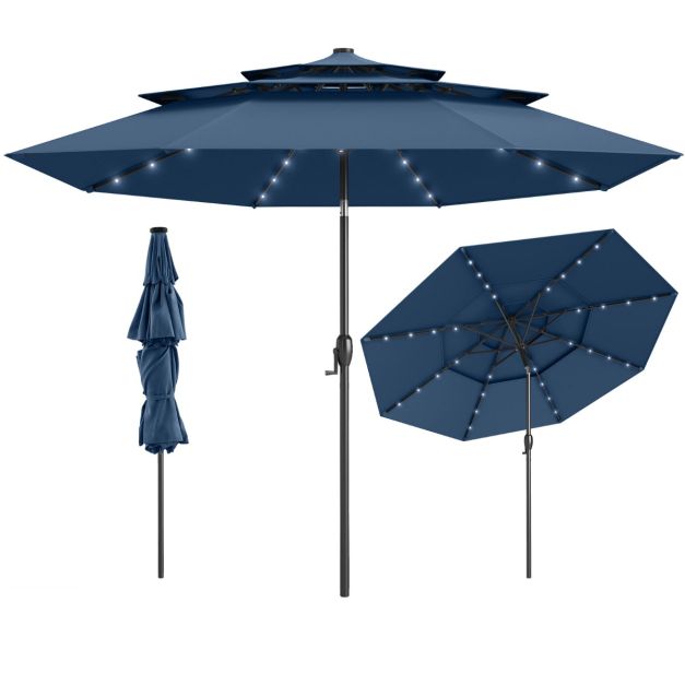Parasol Coast avec LED solaire - Parasol de terrasse 3 couches Ø313 x 248 cm - Bleu foncé