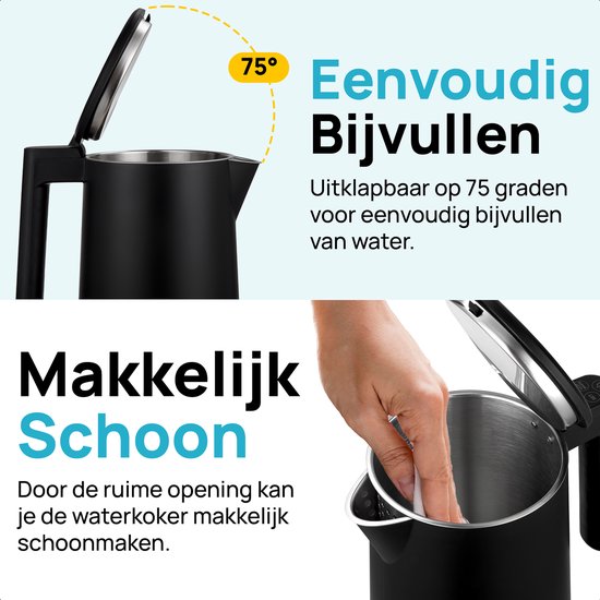 Bouilloire MOA avec contrôle de la température - 1,7 litre - Double paroi - Fonction maintien au chaud - Bouilloire électrique - 2200W - Noir