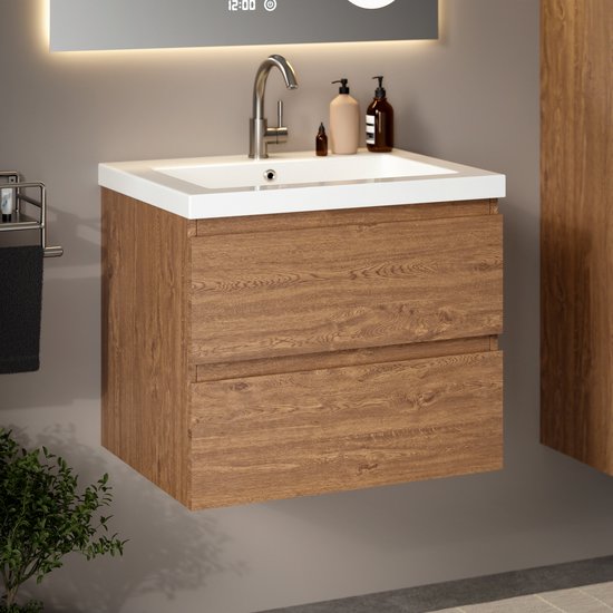 Mirlux Meuble de salle de bains Chêne chaud 60 cm - Lavabo Blanc - Ensemble de meubles de salle de bains - Meuble lavabo Chêne chaud