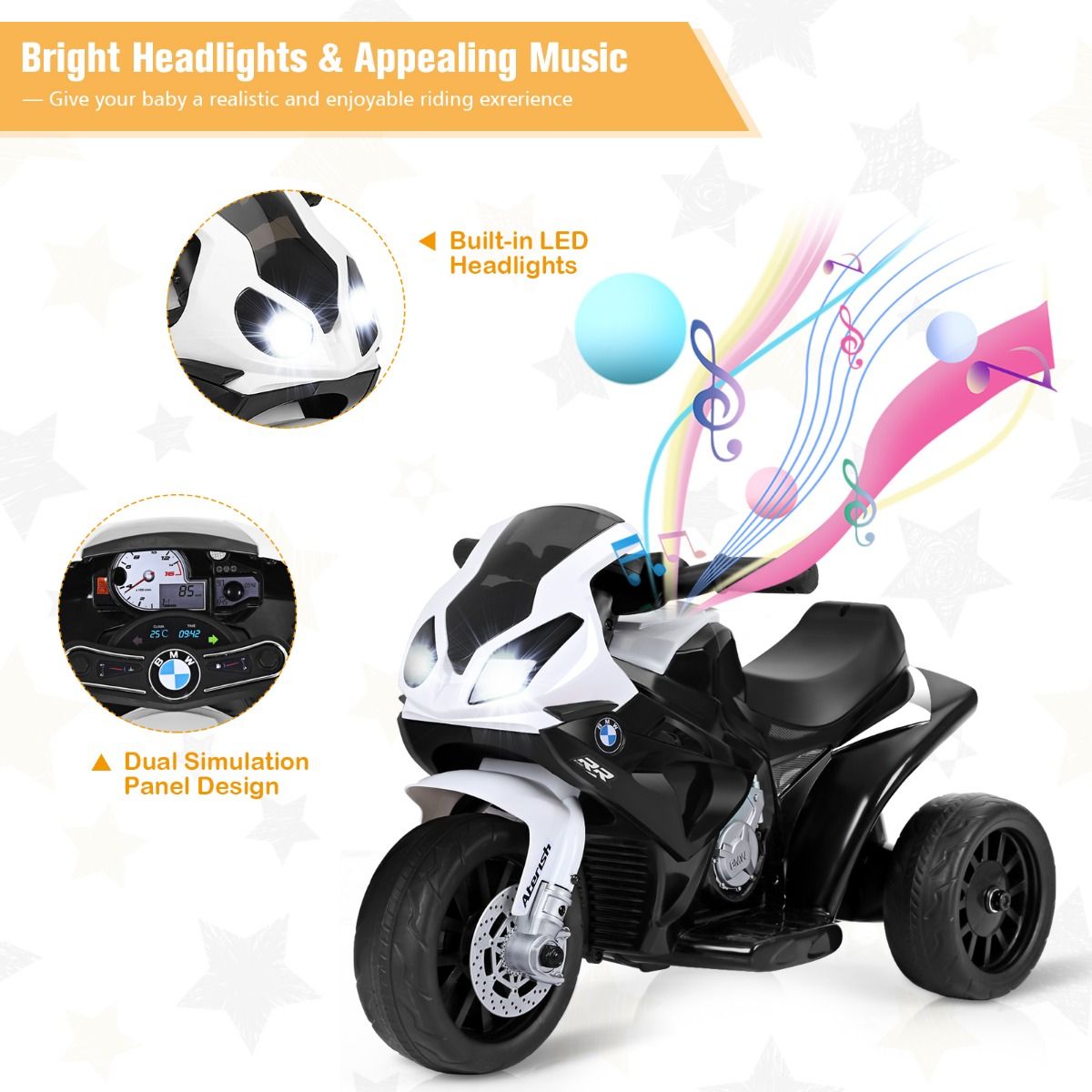 Coast - Moto électrique pour enfants 3 roues - 6V, rechargeable, max. 20 kg - 66 x 37 x 44,5 cm - PP/Iron - Noir/Blanc