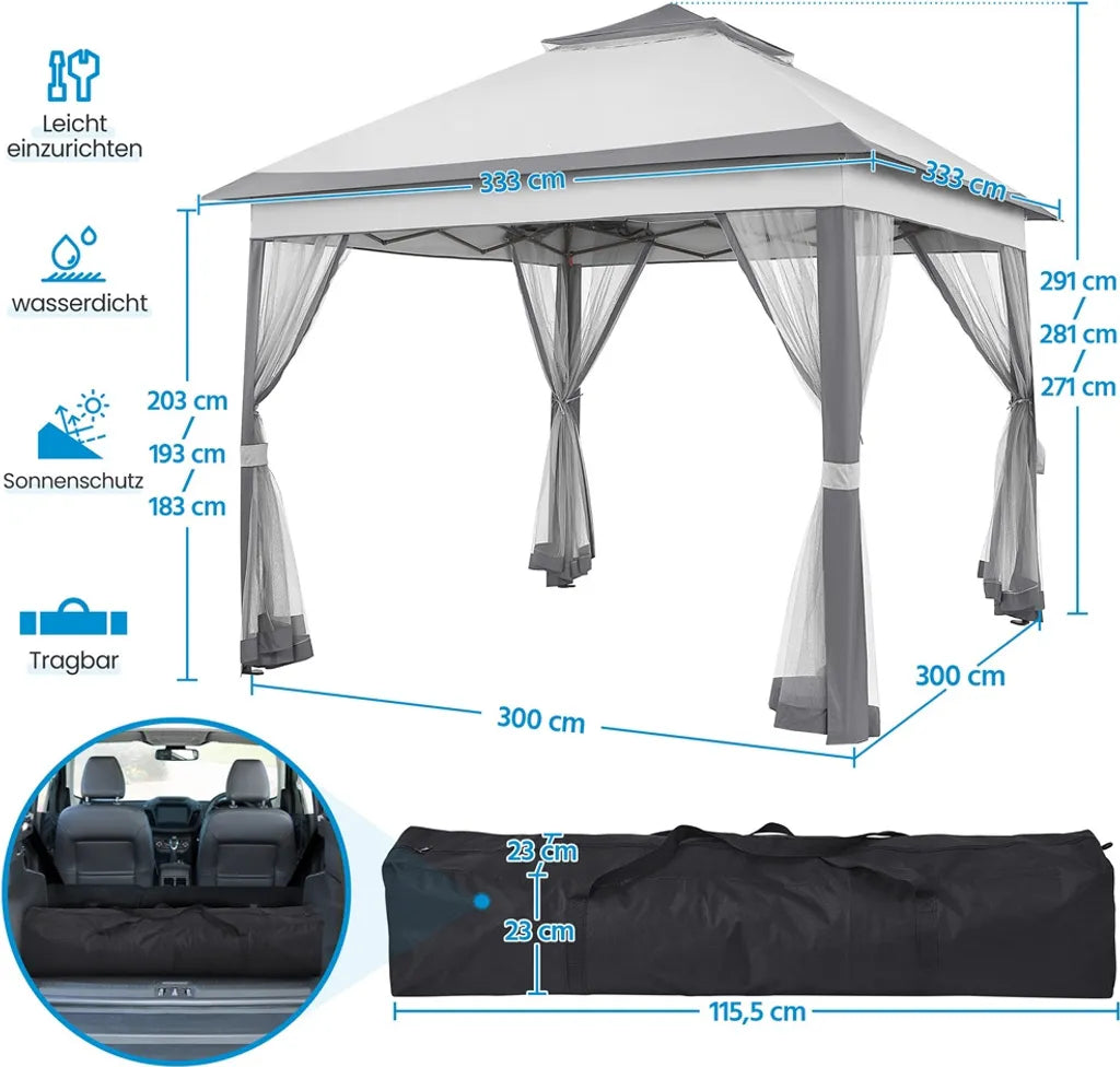 Tente de fête pliable Yaheetech 330 x 330 cm - Gris clair/Gris foncé - Pavillon de jardin pliable avec double toit et 4 parois latérales en filet