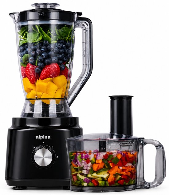 Robot ménager 3-en-1 Alpina : robot de cuisine, mixeur et machine à smoothies - Robot ménager multifonction - Coupe-légumes - Hachoir - 2 L - Sans BPA - Lavable au lave-vaisselle - FP413GS - Noir