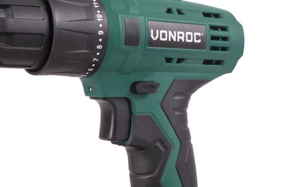 VONROC Perceuse sans fil - 12V Li-Ion - Incluant 1x batterie, chargeur rapide, embouts de vissage et sac de rangement