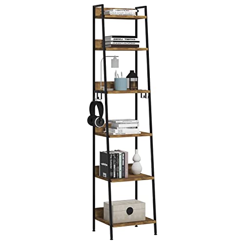 WOLTU Bibliothèque à 6 étagères - Design industriel avec 4 crochets - Cadre en MDF et métal noir - 36 x 41 x 187 cm