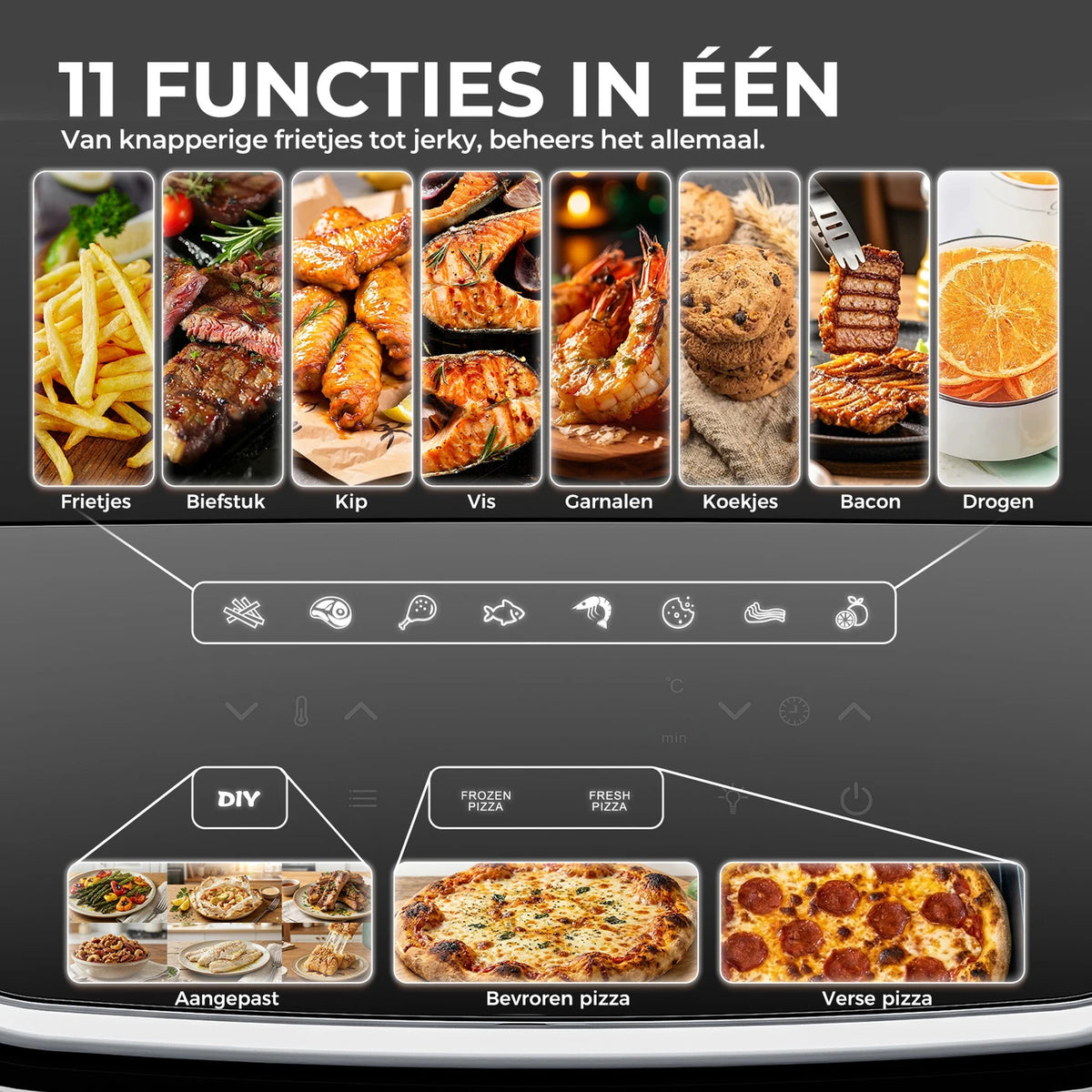Four à pizza et friteuse à air chaud Rouny 12 pouces 2200 W – 11 fonctions – Double chauffage – Air chaud à 360° – 4,3 L – Noir