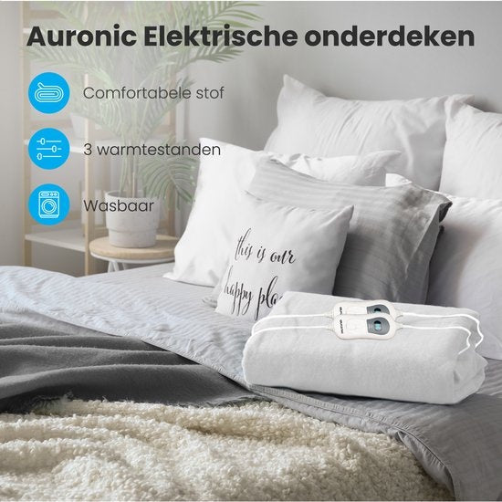 Couverture électrique - Auronic - 2 personnes - 160x140cm - avec élastiques d'angle et 2 contrôleurs - Blanc