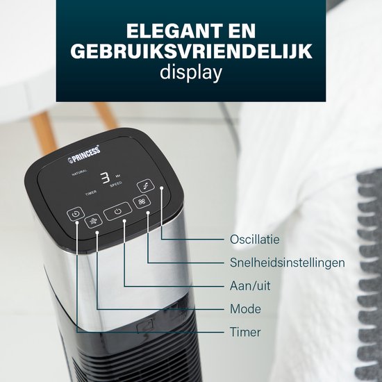 Ventilateur colonne intelligent – Sans pales – Avec application et télécommande – Minuterie – Économe en énergie – Princess 358280 – Noir
