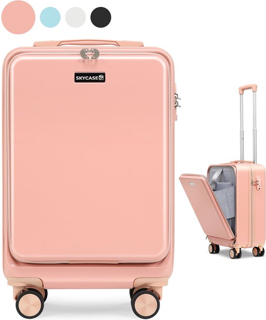 Skycases Hand Luggage Suitcase 35L - Lightweight Trolley - Spinner Wheels - TSA Lock and Laptop Compartment - Travel Suitcase with Handy Front Pocket - 55 cm - Pink