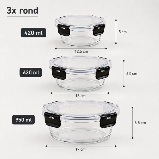 Boîtes en verre Ceruzo pour la préparation des repas – Lot de 3 – Hermétiques – Rondes