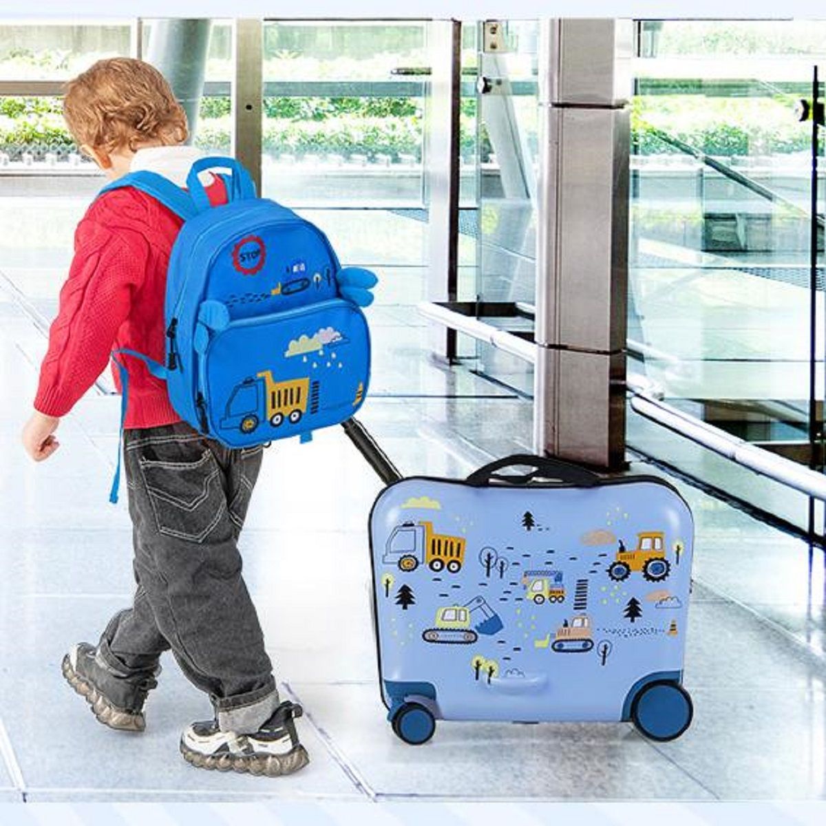 Ensemble de valises pour enfants Coast - Valise-siège et sac à dos - Multifonctionnel - Motif « pelleteuse »
