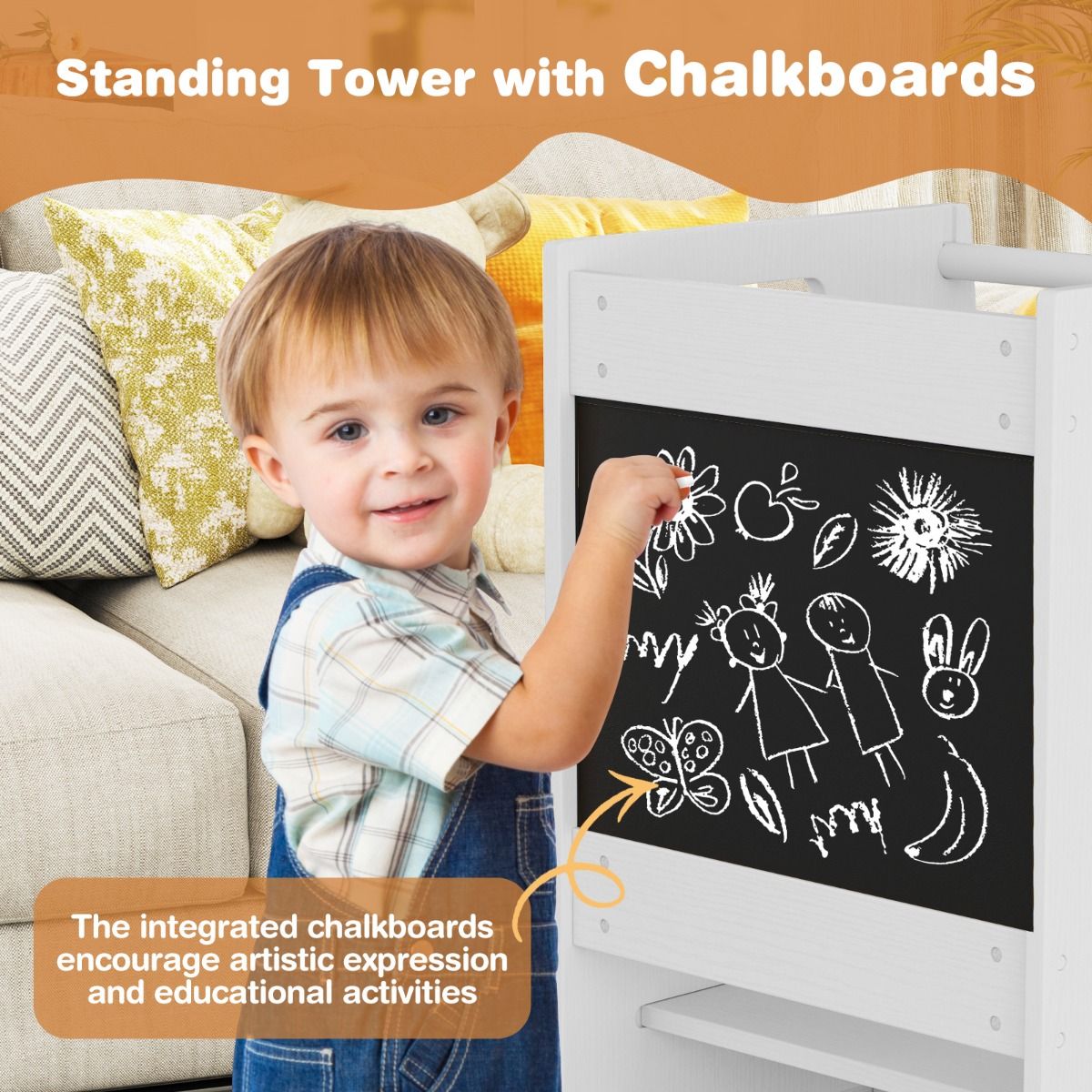 Coast Kitchen Steps for Toddlers - Tabouret en bois pour enfants avec tableau d'activités - Réglable 30/40 cm - Rail de sécurité - Blanc 60 x 49 x 91.5 cm