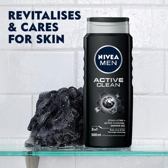 NIVEA MEN Active Clean Shower Gel - Gel douche 3-en-1 avec charbon naturellement actif - Shampooing - Prepack - 6 x 500 ml