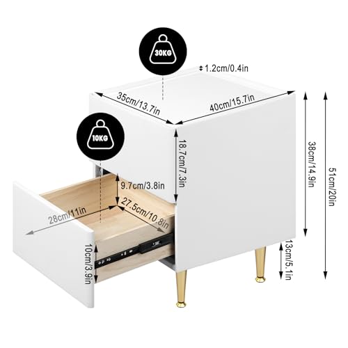 Woltu Table de nuit NTS10ws03 Blanc brillant avec accents dorés - 2 tiroirs - MDF, PVC et métal - 40 x 35 x 51 cm