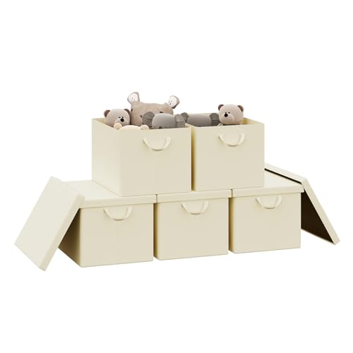 Woltu Boîte de rangement avec couvercle Lot de 5 - Boîte pliable en tissu avec poignées - Crème - 48 x 30 x 36 cm