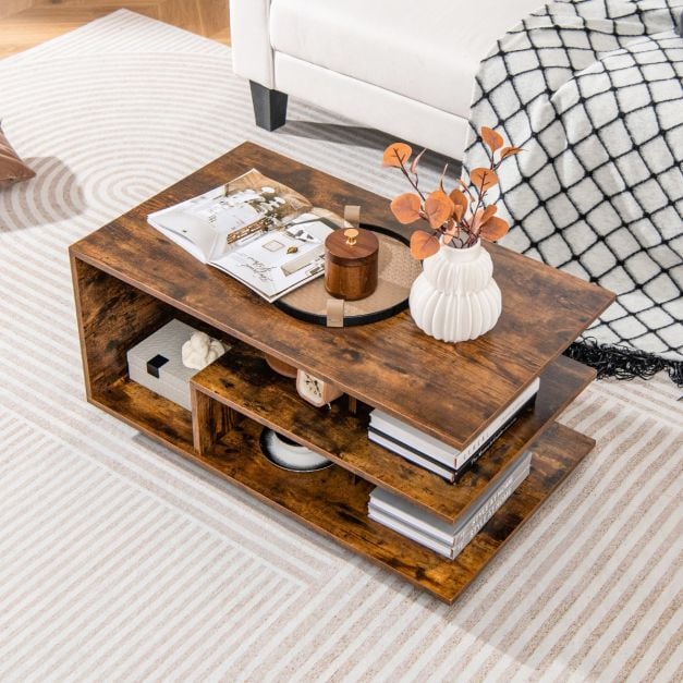 Table basse Coast à 3 niveaux – 90 x 50 x 42 cm – Naturel/Blanc ou Brun rustique
