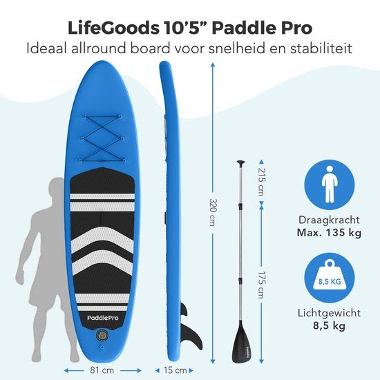 LifeGoods SUP Board - Planche à pagaie gonflable - Ensemble complet - Max. 135KG - 320x81cm - Bleu