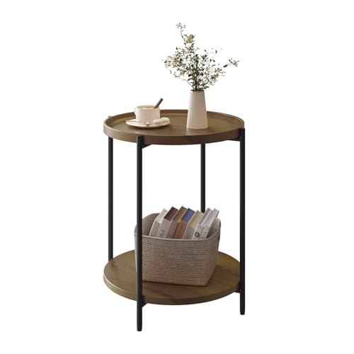 Woltu Table basse ronde avec 2 étagères et plateau amovible aspect bois vintage