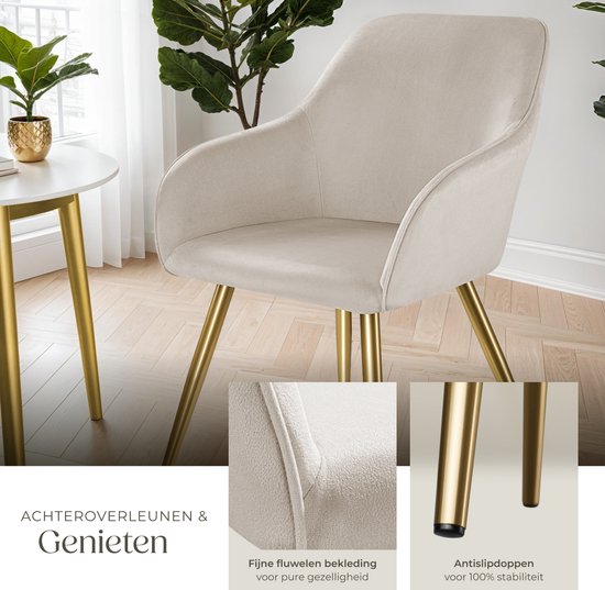 tectake® Marilyn Dining Chair - Avec accoudoirs - Chaise élégante avec assise en velours rembourrée - Tapissée - Pieds en métal doré - Chaise de cuisine ergonomique - Chaise pour salon, salle à manger et chambre à coucher - Taupe