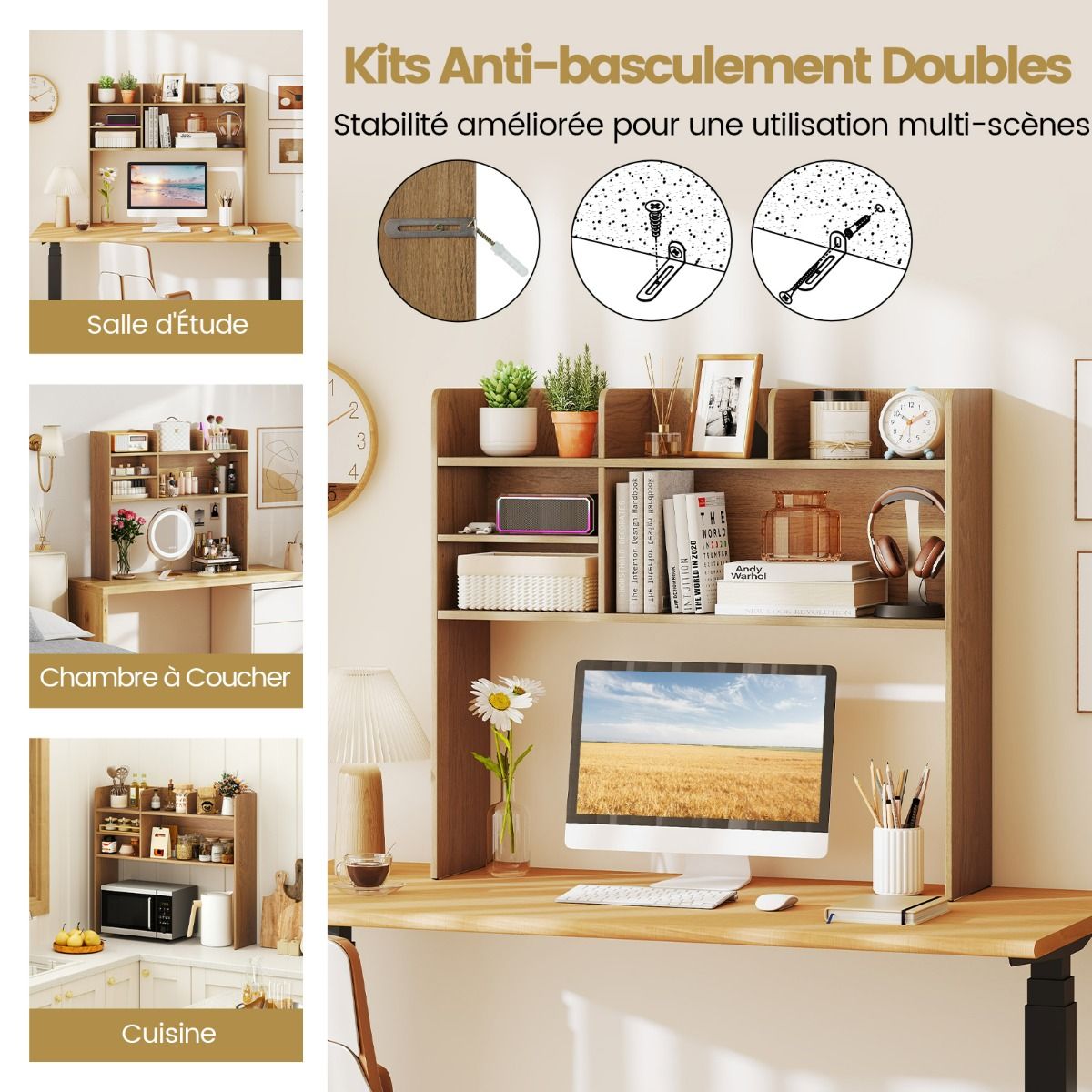 coast - Meuble de rangement pour bureau - 94 × 24 × 85 cm - Nature - Organisateur de bureau avec 6 étagères et espace pour moniteur