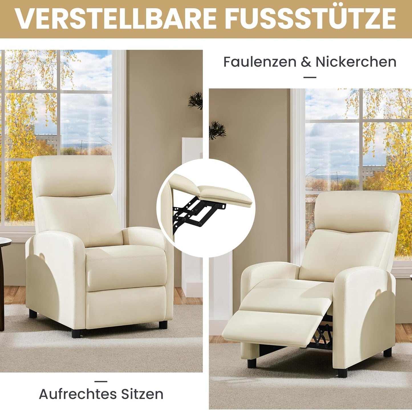 Fauteuil de détente Yaheetech XL - Fauteuil inclinable avec repose-pieds - Simili cuir beige - 87 x 61,5 x 99 cm
