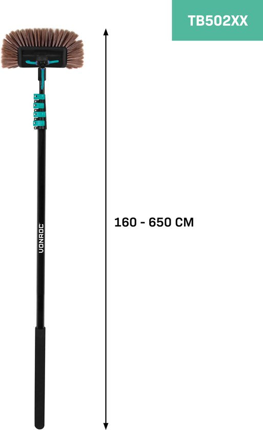 Brosse à laver téléscopique - VONROC - 6,5 m – Avec Tête de Brosse – Nettoyeur de Vitres et Surfaces - Noir