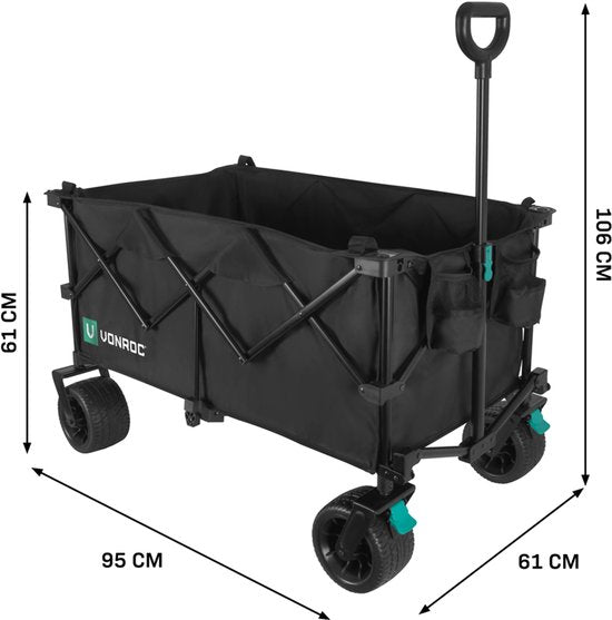 VONROC Bolderkar XL - Pliable - Capacité de charge 80 kg - Capacité 200l - Modèle extra spacieux - Roues solides anti-fuites - Cadre en acier robuste - Polyester 600D - Noir