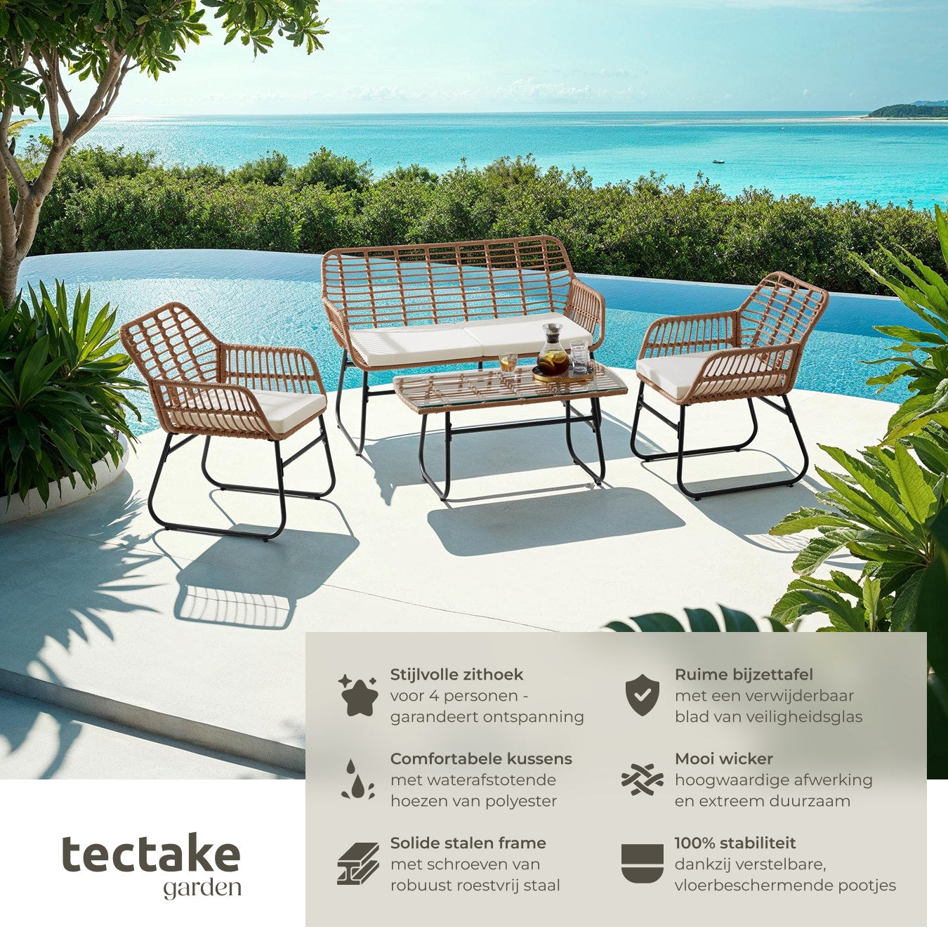 tectake Groupe de sièges en osier Molfetta XL 4 personnes - Canapé 119x68x79 cm, Chaises 57x68x79 cm, Table 91x45x42.5 cm