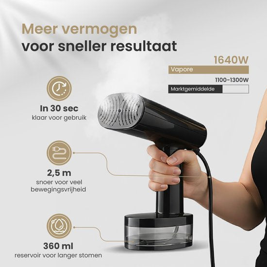 Vapore Clothes Steamer - Handheld Steamer 1640W - with Collapsible Hanger & Storage Bag - Steamer 360ML - Steamer for Clothes and Furniture - 2.5m Cord - Travel Kit