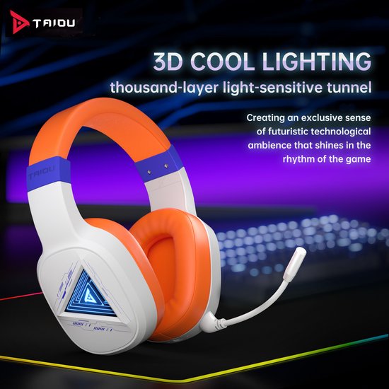 TAIDU THS320Pro - Casque de jeu sans fil 2,4GHz - Casque Bluetooth - avec microphone - Convient pour PS4/PS5, Nintendo Switch - Multiplateforme - Blanc Orange