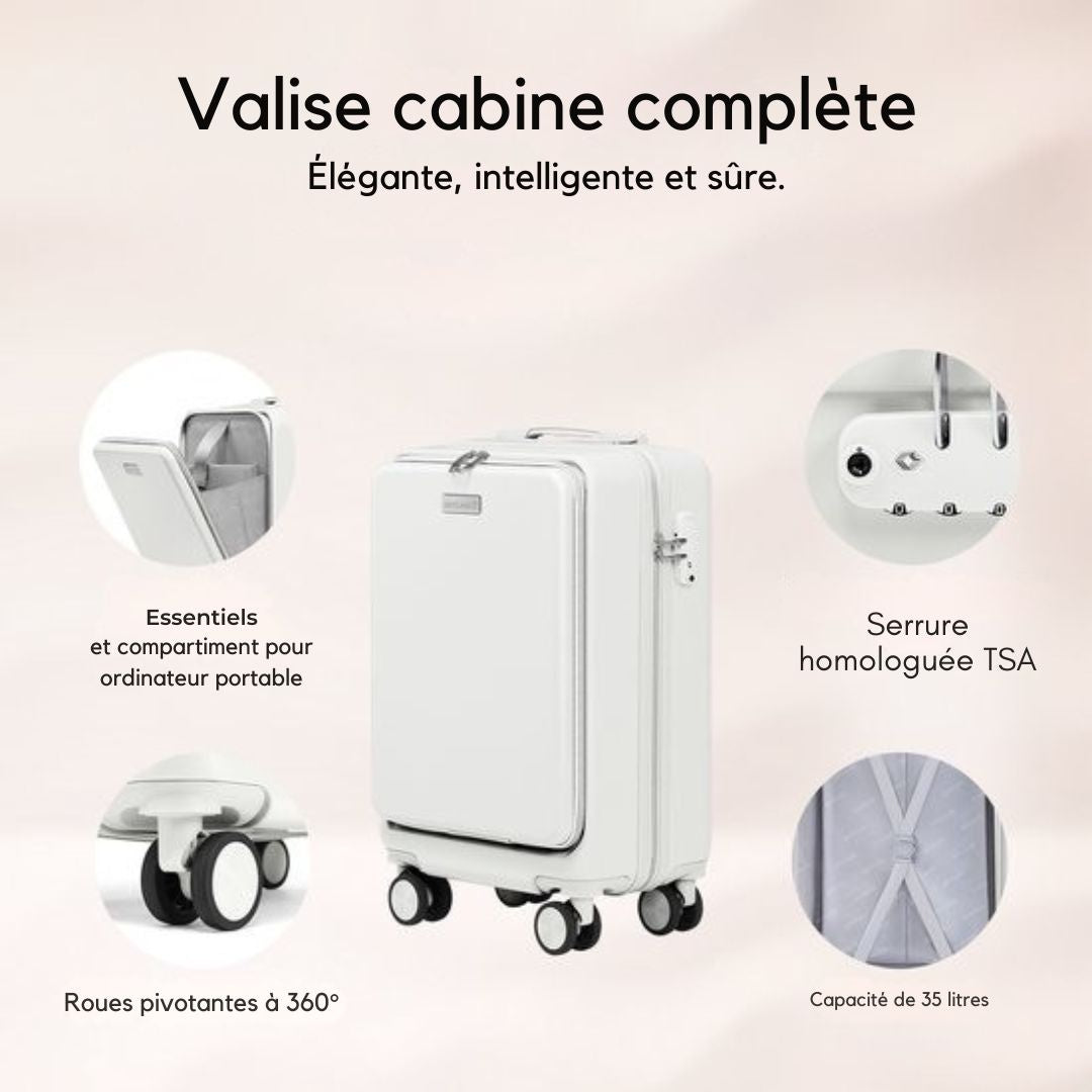 Valise cabine Skycases 35 L - à roulettes légère - Roulettes pivotantes - Cadenas TSA et compartiment pour ordinateur portable - avec poche avant pratique - 55 cm - Blanc cassé