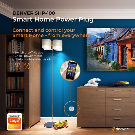 Denver SHP-100 - Prise intelligente - Fonctionne avec TUYA - WiFi - Prise domestique intelligente - Amazon Alexa + Google home -Blanc