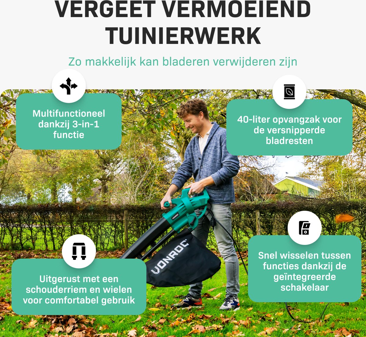 VONROC Souffleur de feuilles - Aspiration et broyage - 3300 W - Sac de ramassage de 40 litres inclus - Noir