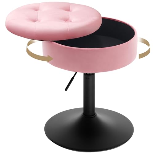 Woltu Tabouret de maquillage avec rangement - Tabouret de bar réglable 50-66.5 cm - Assise ronde - Rose velours
