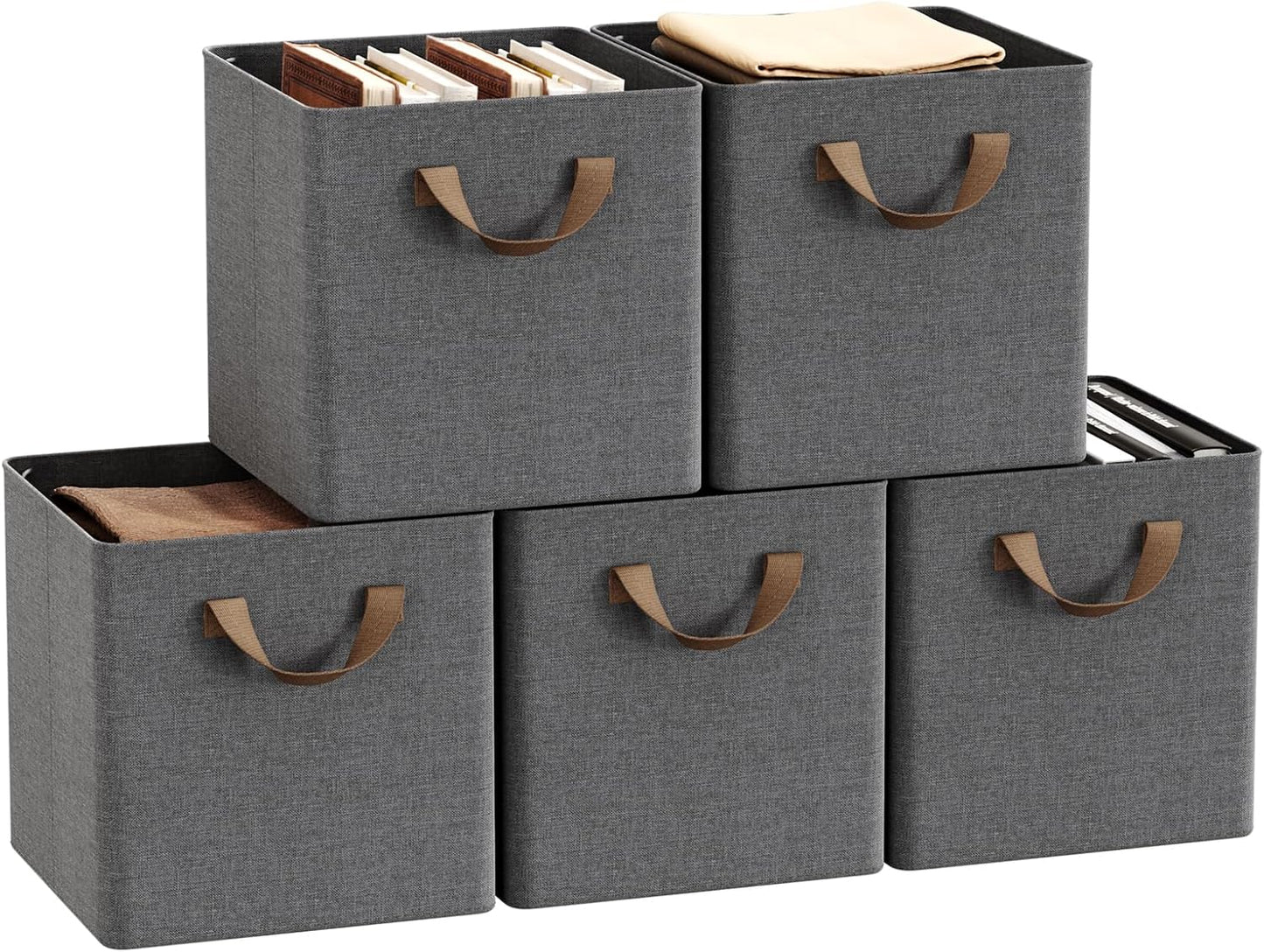 Woltu Boîte de rangement pliable Lot de 5 - Gris - Avec poignées et cadre en métal - 26 x 26 x 26,5 cm